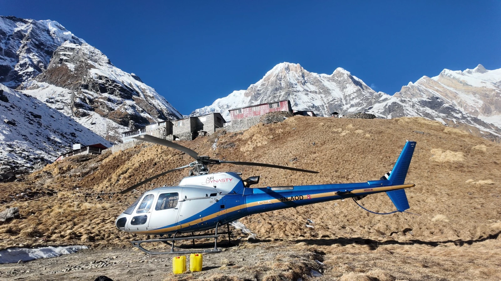 Annapurna Base Camp helicopter tour from Kathmandu with aerial view of Annapurna Sanctuary Machhapuchhre Fishtail peak 4130 meters Nepal