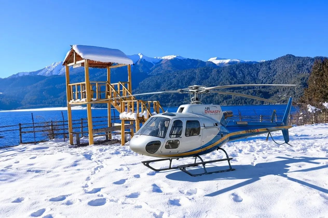 Rara Lake helicopter tour landing near the shores of the "Queen of Lakes," Mugu District