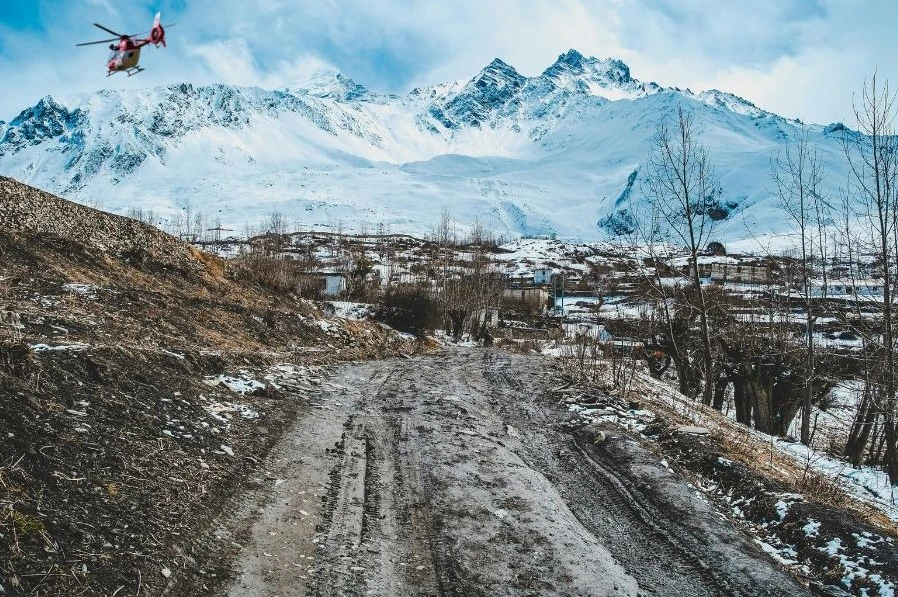 Muktinath Temple helicopter tour from Pokhara with aerial view of Kali Gandaki Valley Annapurna Dhaulagiri Mustang Nepal pilgrimage